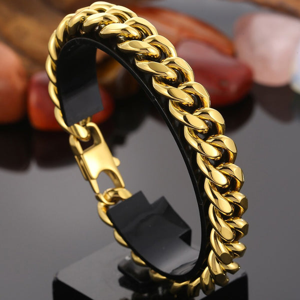 12MMM Curb Link Chain Man Bracelet Homme 16-22CM Gold Plated Stainless Steel Bracelets for Men