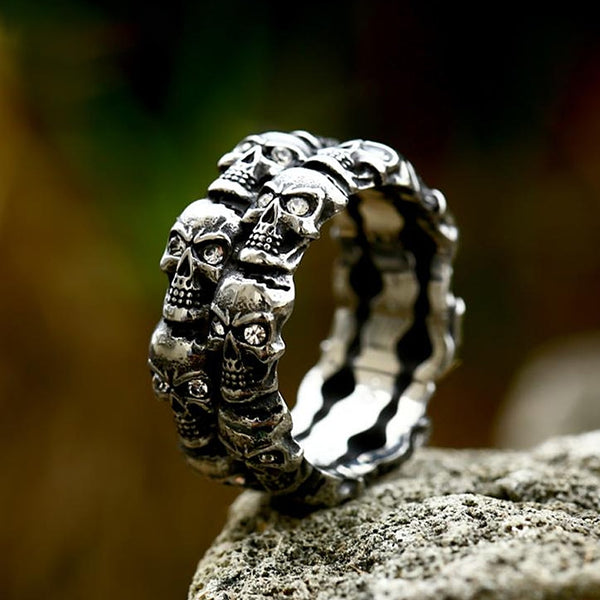 Vintage Punk Crystal Stone Skull Ring For Men Hiphop Rock Locomotive Stainless Steel Rings