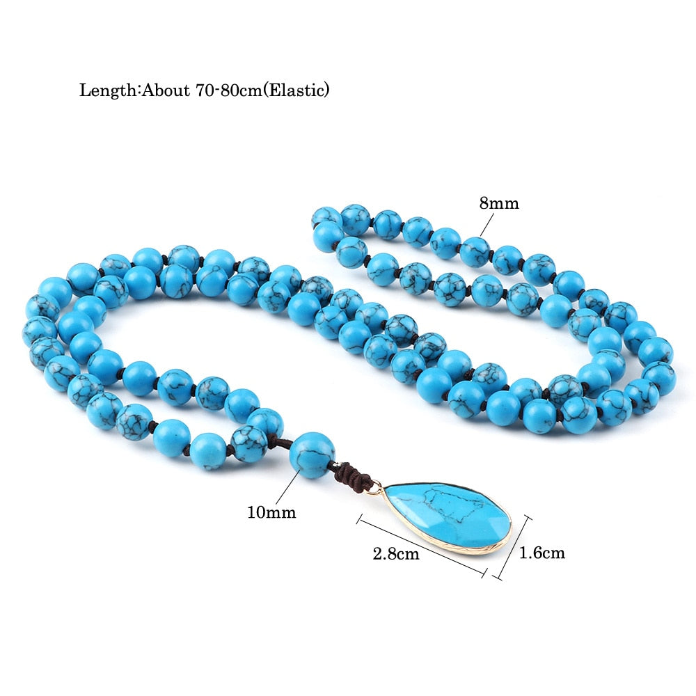 8mm Natural Blue Howlite Stone Beaded Necklaces For Women Bohomia Pendant Japamala Necklaces