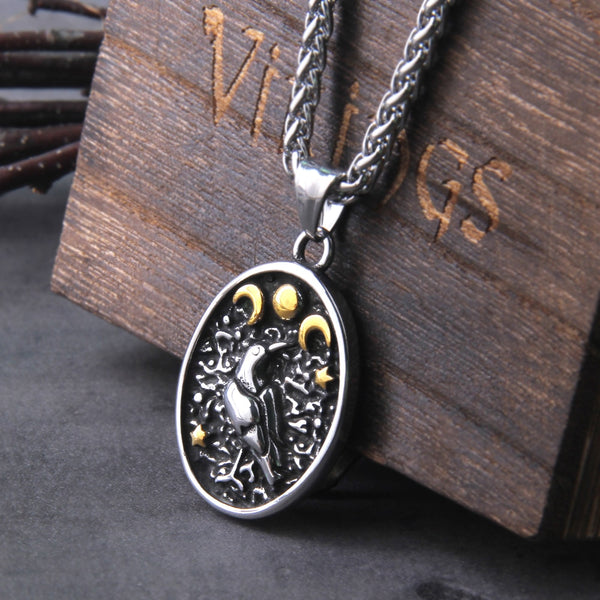 Wicca Triple Moon Goddess Viking Jewelry Odin Raven Amulet Pentagram Wiccan Pagan Moon Necklace