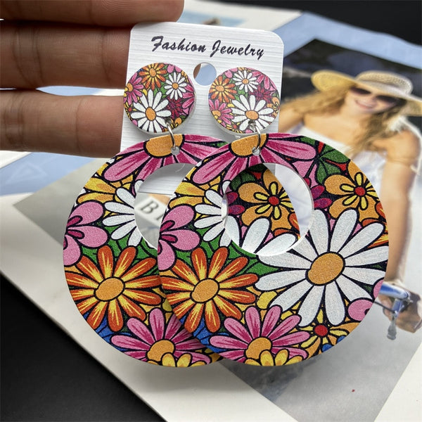 Colorful Flower Sun Earrings for Women Bohemian Printed Round Hollow Statement Wooden Earrings