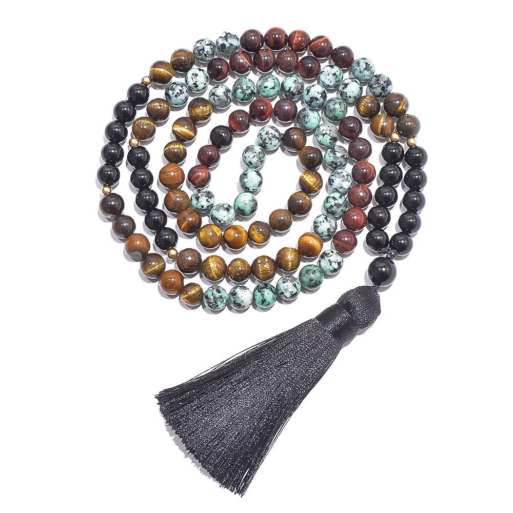 8mm African Turquoise Tiger Eye Stone Black Onyx Beaded 108 Mala Necklace Bracelet Set