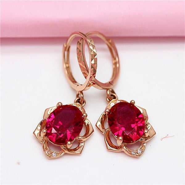 Fashion 585 Purple Gold Plated 14K Rose Gold Inlaid Ruby Flower earrings for women