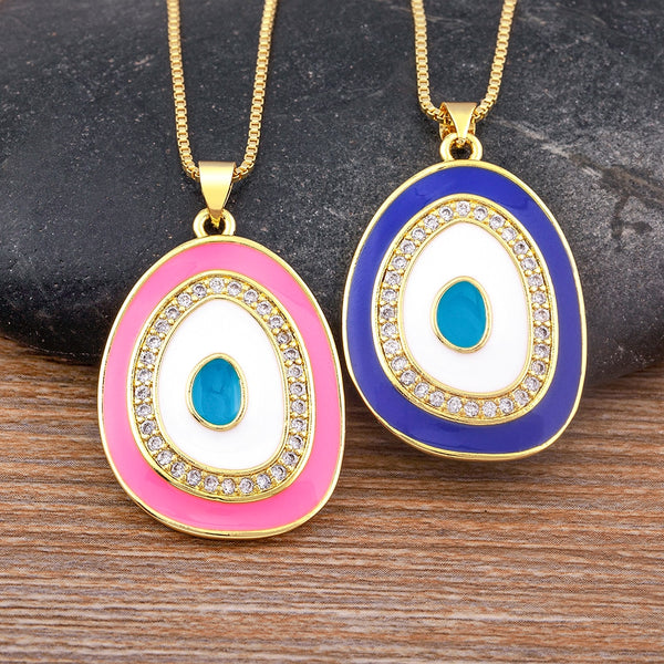 High Quality Enamel 4 Colors Geometric Inlaid Shiny Crystal Pendant Gold Necklace Women