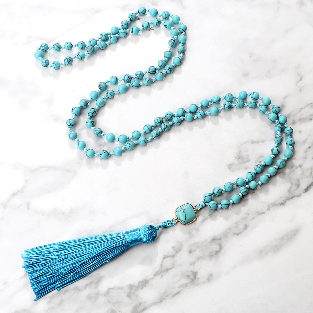 Natural Blue Pine Stone 108 Mala Beads Long Necklaces 6mm Natural Stone Pendant Women