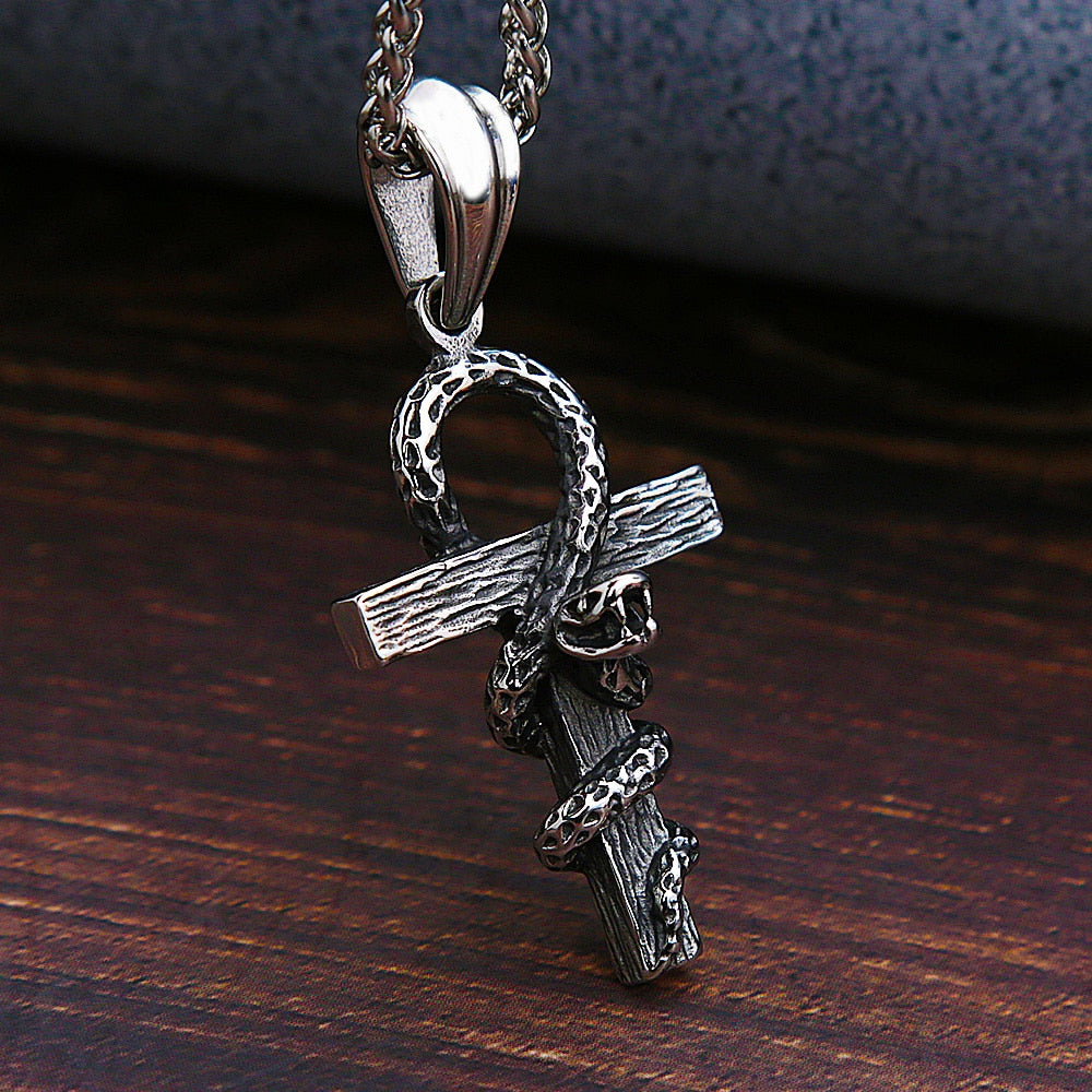 Vintage Stainless Steel Cross Snake Necklace Men Fashion Ancient Egypt Cross Pendant