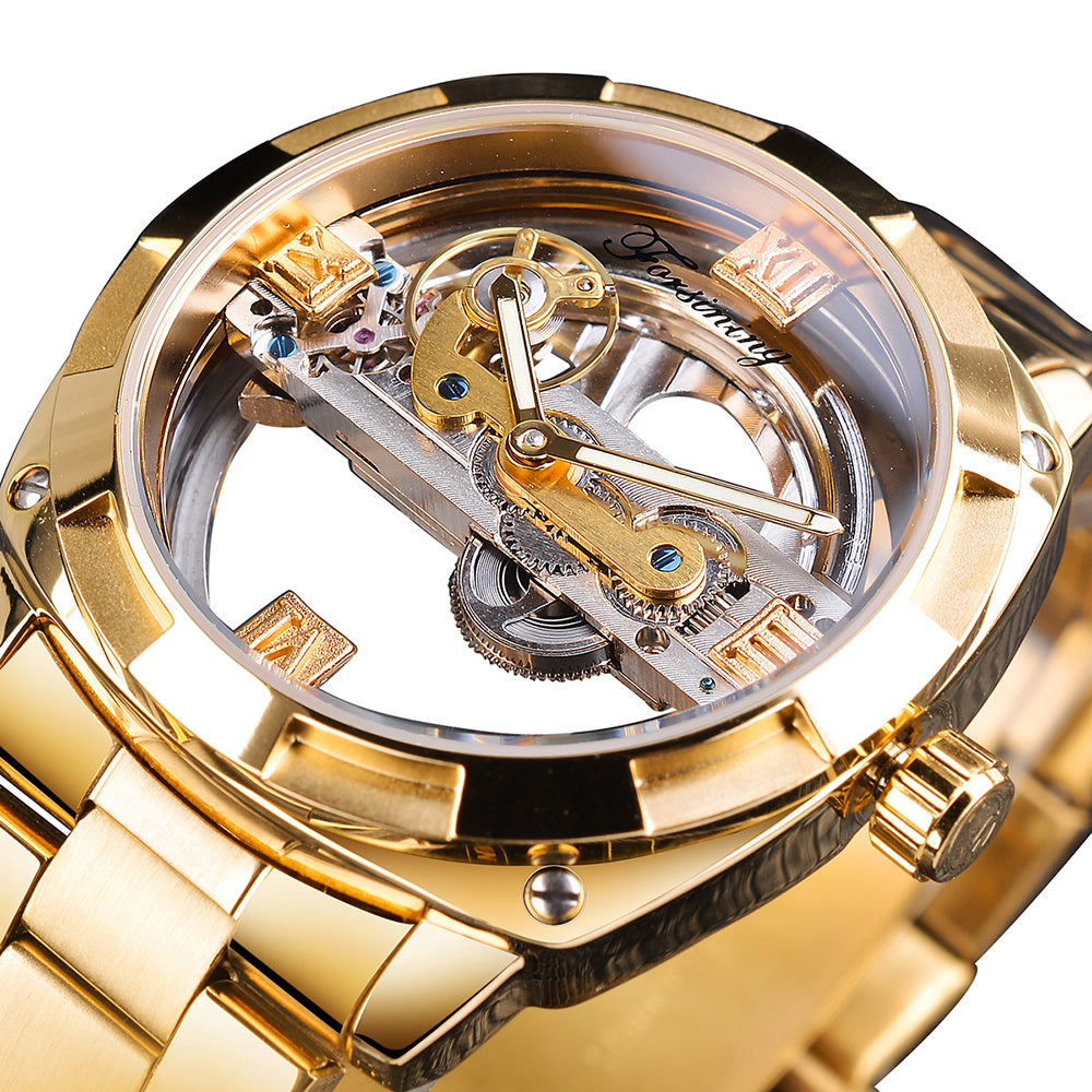 Mechanical Watch Automatic Silver Square Golden Gear Skeleton Watch