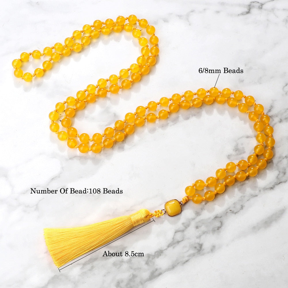 Fashion 108 Mala Natural Yellow Chalcedony Beads Necklaces For Women