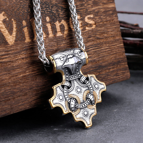 Vintage Viking Odin Raven Mjolnir Thor's Hammer Necklace Men