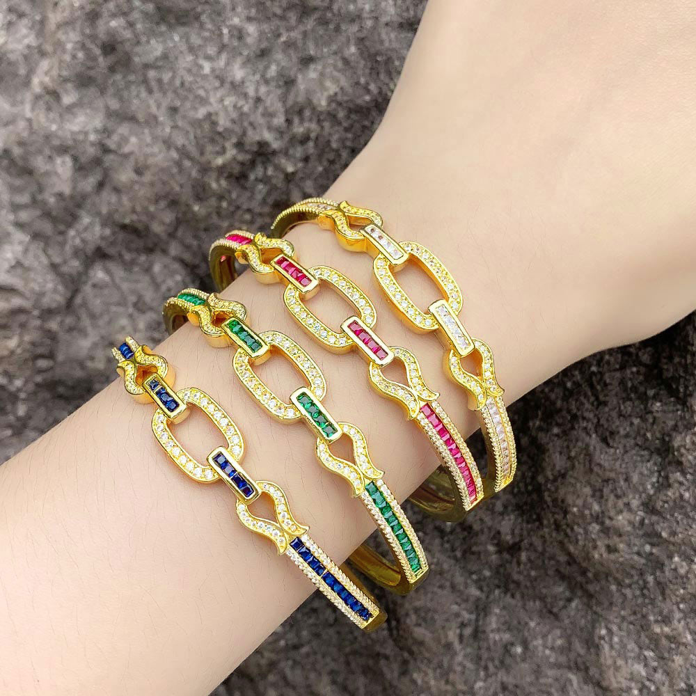 Colorful Crystal Square Cuff Bangles CZ Rhinestone Gold Plated Open Bangle