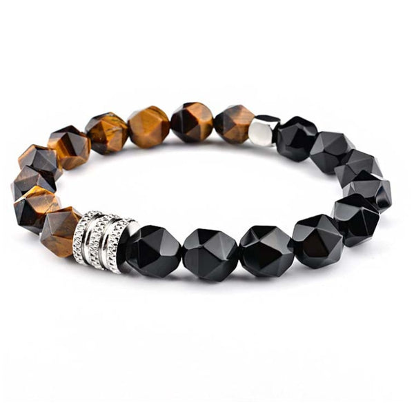 10mm Natural Faced Tiger Eye Black Onyx Beaded Elastic Cord Bracelet Men Women