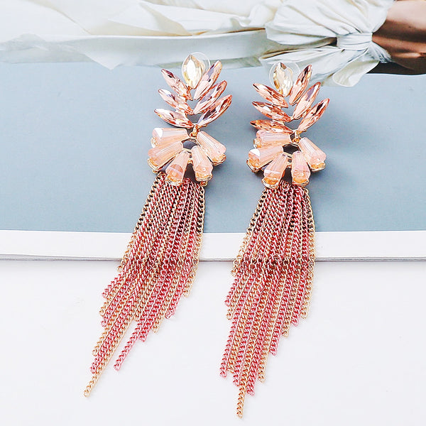 New Pink Crystal Long Metal Chain Dangle Drop Earrings