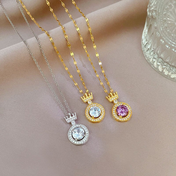 Stainless Steel Necklaces Classic Crown CZ Pendant Choker Chain