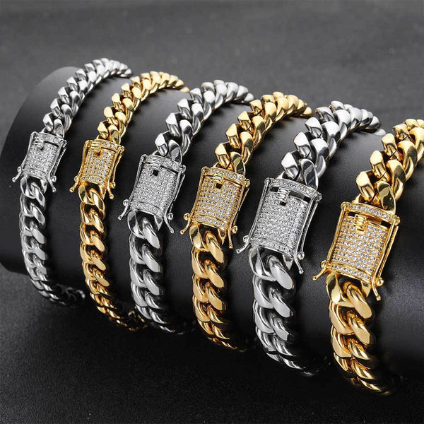 12mm Miami Cuban Bracelet CZ Buckle Stainless Steel Cuban Link for men women