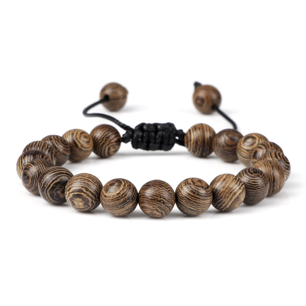 Vintage Men Bracelet 6 8 10 12mm Natural Wood Bead Tibetan Buddha Bracelet