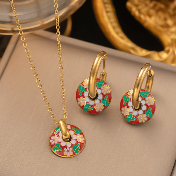 Gold Color Bohemian Ethnic Blue and white Porcelain Flowers Necklace Earrings For Women