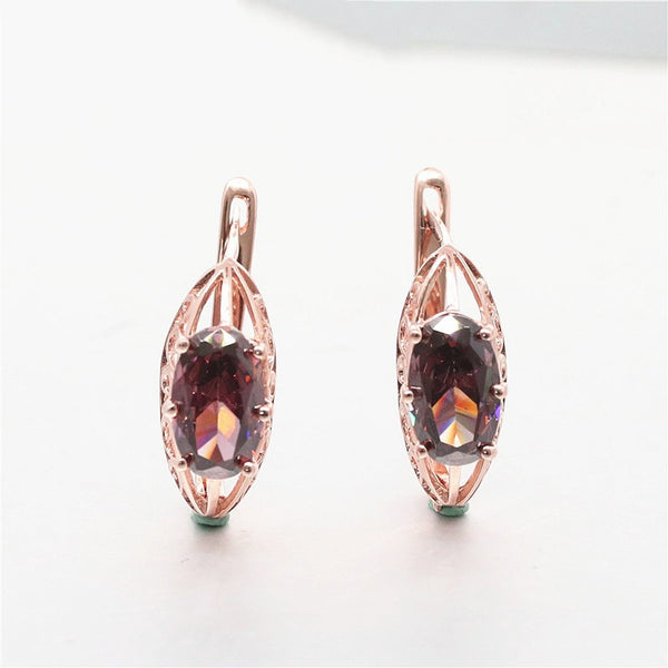 585 Purple Gold Plated 14K Rose Gold Geometric Design Inlaid Ruby Earrings for Women