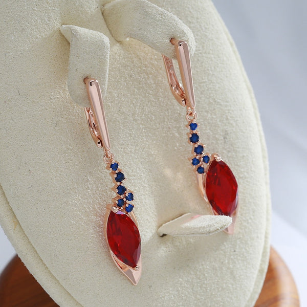 Luxury Blue Tassel Oval Red Zircon Dangle Earrings for Women