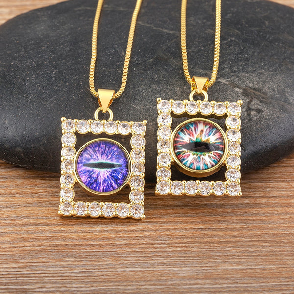 Creative Design 7 Styles Evil Eye Pattern Rectangle Hollow Gold Plated Zircon Pendant Necklace