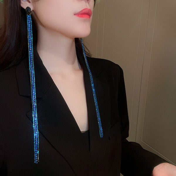 Blue Rhinestone Earrings for Women Oversize Long Tassel Crystal Dangle Earrings