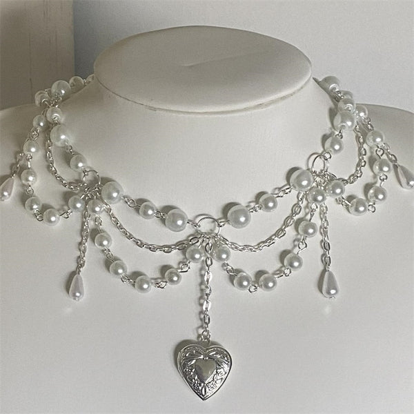 Pearl Heart Locket Style Layered Necklace Handmade Necklace