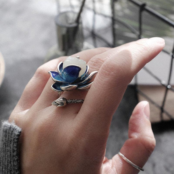 Natural Hetian  jade Enamel Porcelain Lotus Canopy Open Ring