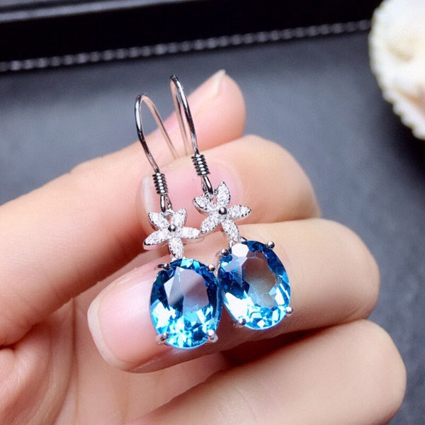 New design silver inlaid flower oval sapphire earrings for women