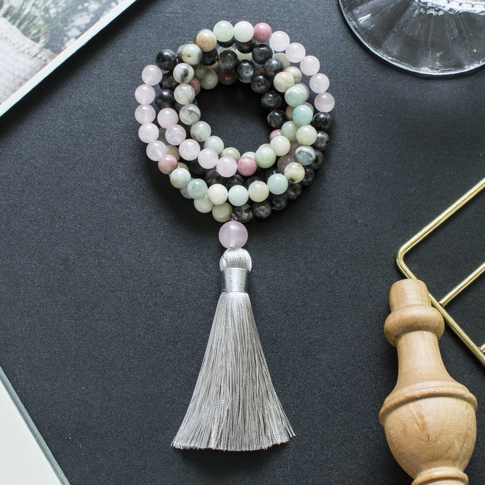 8mm Amazonite Rose Quartz Labradorite Beaded 108 Mala Necklace Set