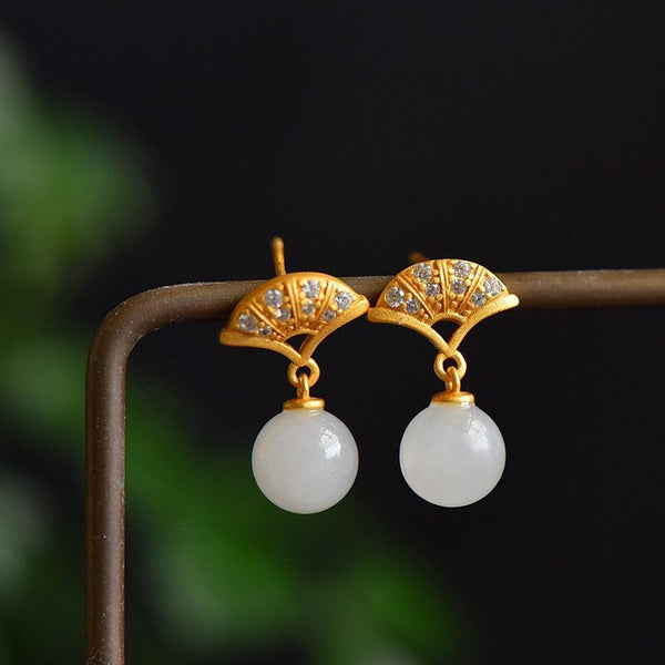 Original Ancient Gold Craft Ginkgo Leaf Natural Hetian Jade Ball Earrings