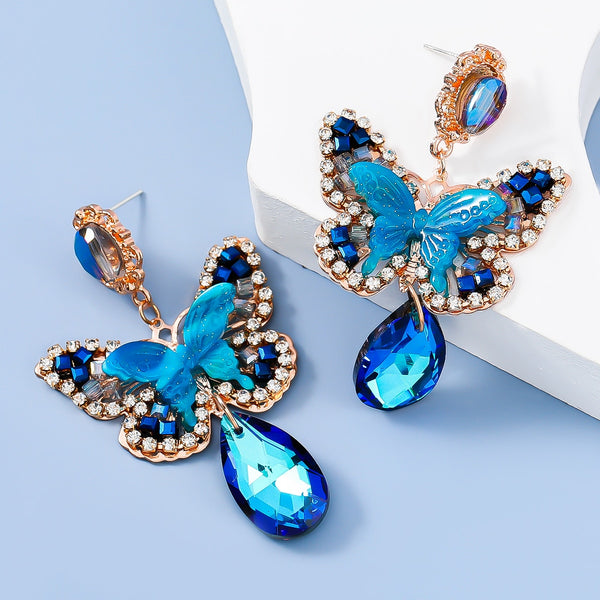 Fashion Metal Blue Rhinestone Butterfly Earrings Women