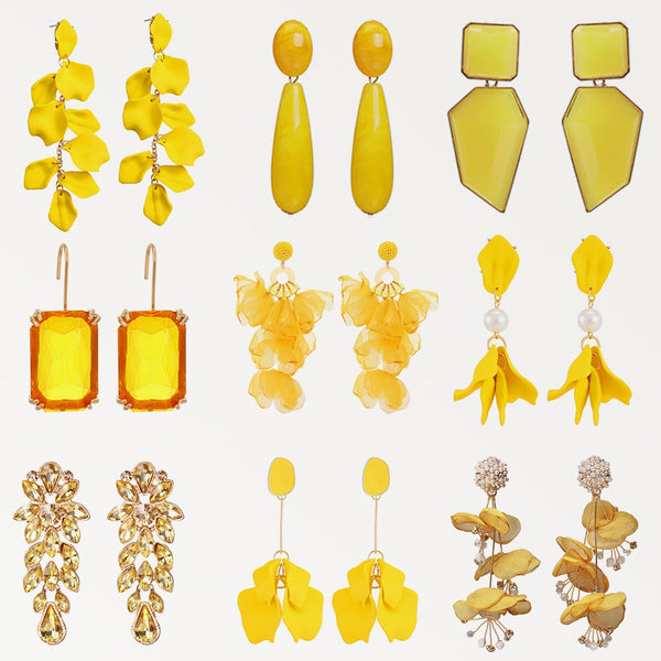 Fashion Yellow Series Crystal Acrylic Rose Flower Petals Long Dangle Earrings For Women