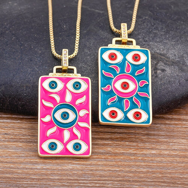 New Design Punk Style Rainbow 5 Colors Turkish Evil Eye Enamel Oil Drop Pendant Necklace