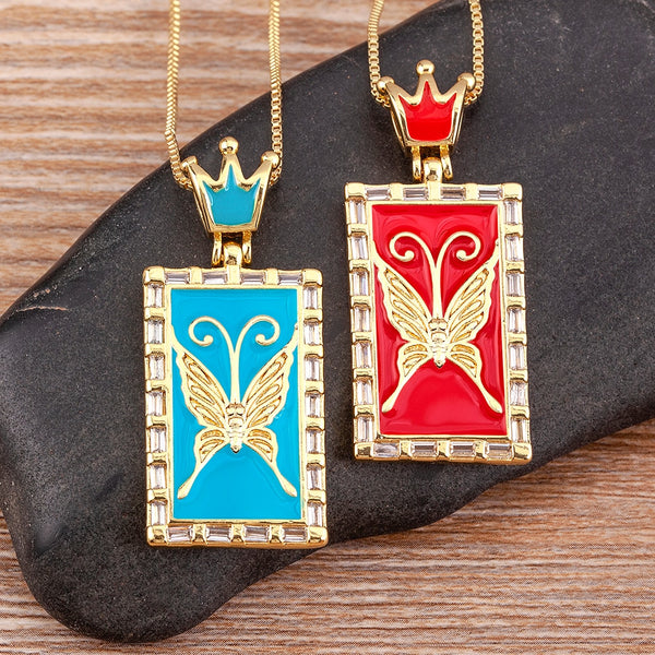 Exquisite Enamel Rainbow Crown Inlaid Butterfly Shine Crystal Pendant