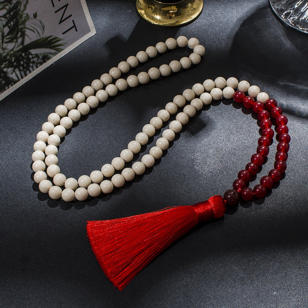 8mm White Fossil Red Agate Beaded 108 Mala Necklace