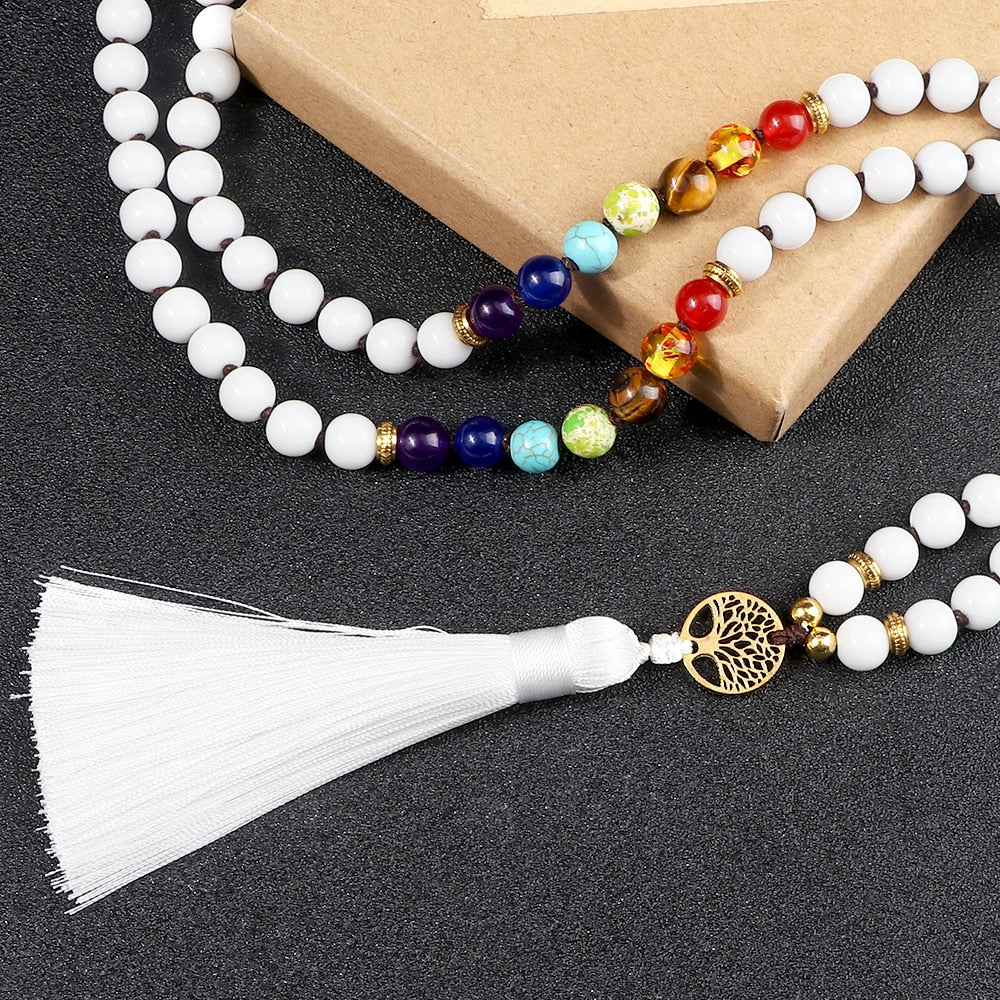 Reiki 7 Chakra Life Tree Necklakce Men Women 8mm Natural White Healing Engry Beads