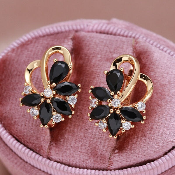 Luxury Geometric Flower Black Zircon Dangle Earrings For Women