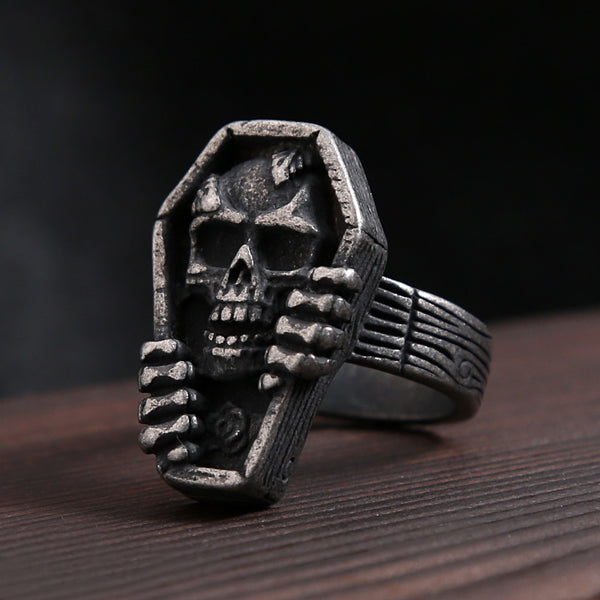 Vintage Punk Black Vampire Skull Ring Stainless Steel Fashion Unique Coffin Rings