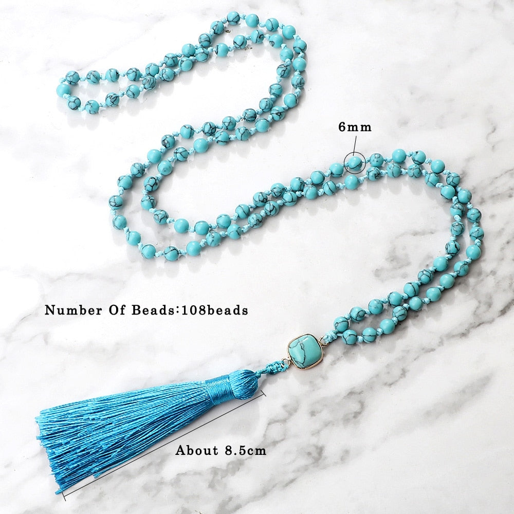 Natural Blue Pine Stone 108 Mala Beads Long Necklaces 6mm Natural Stone Pendant Women