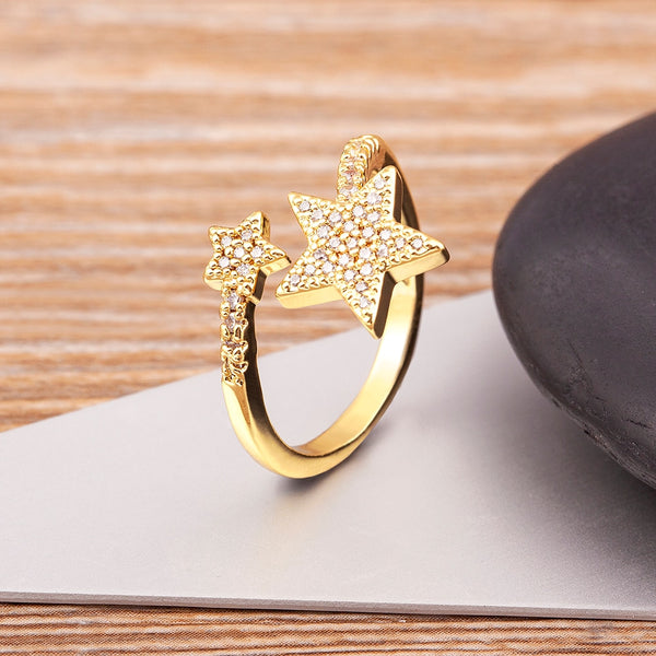 New Style Copper Zircon Gold Plated Hollow Five-Pointed Star Rings