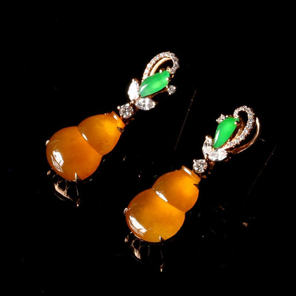 Creative Design Inlaid Diamond Natural Chalcedony Yellow Orange Gourd Earrings