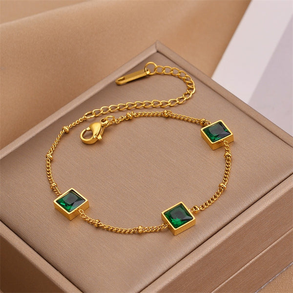 Fashion Green Zircon Geometric Beaded Charm Chain Bracelets Choker Necklaces For Women