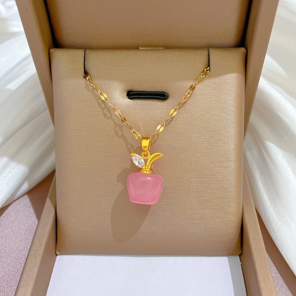 Korean Luxury Pink Green Apple Crystal Pendant Necklace Women Ladies Clavicle Chain