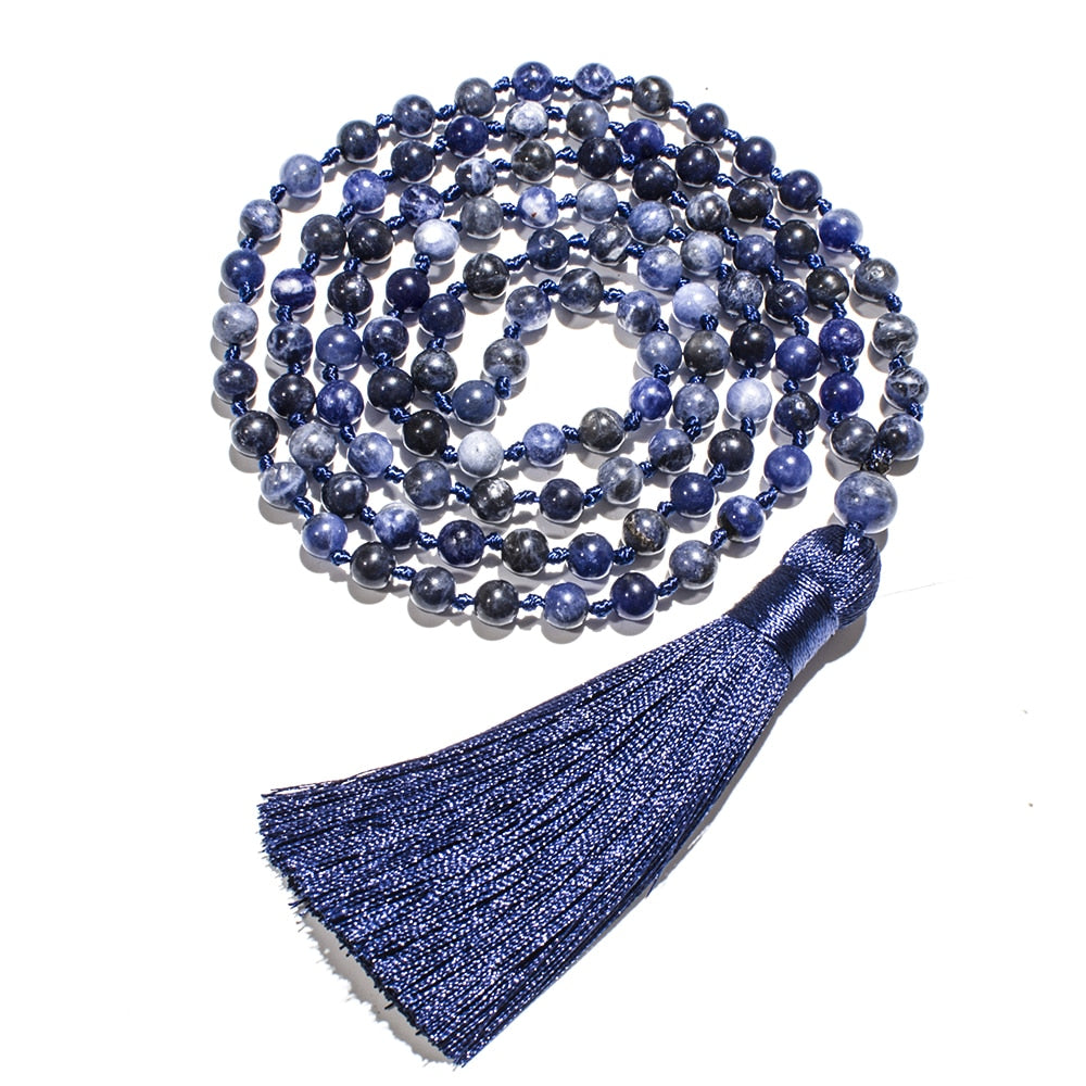 6mm Natural Sodalite Beaded Knotted 108 Mala Necklace