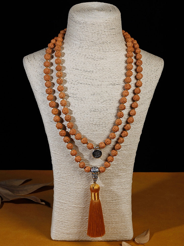 9mm Rudraksha Beaded Knotted Japamala Necklace WithTassel