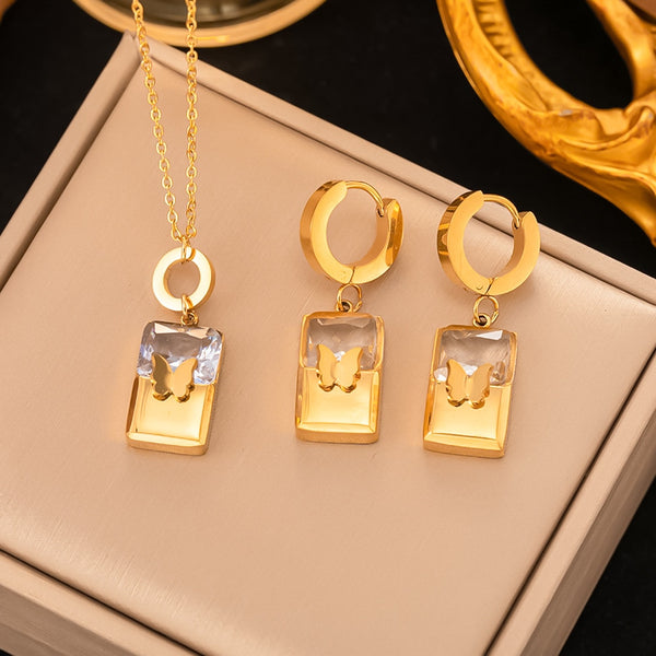 Gold Color Elegant Temperament Clear Zirconia Butterfly Necklace Earrings For Women