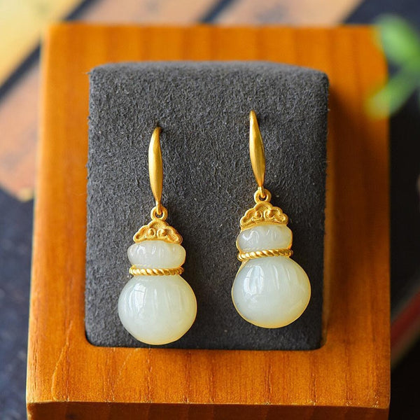 Original Design Brand New Unique Ancient Gold Craft Natural Hetian Jade Pouch Earrings