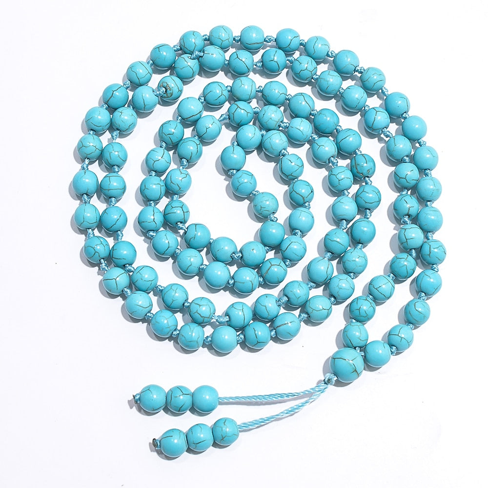 8mm Blue Turquoise Knotted 108 Mala Prayer Bead Necklace