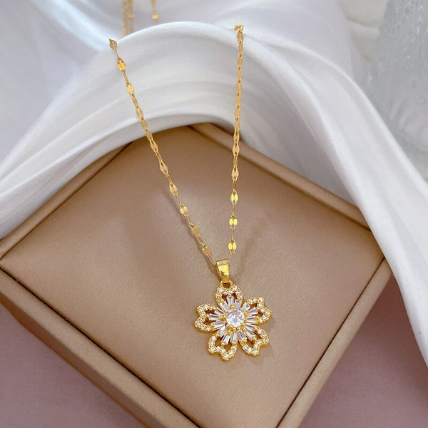 Gold Plating Light Luxury Floral Full Diamond Zircon Design Pendant Necklace