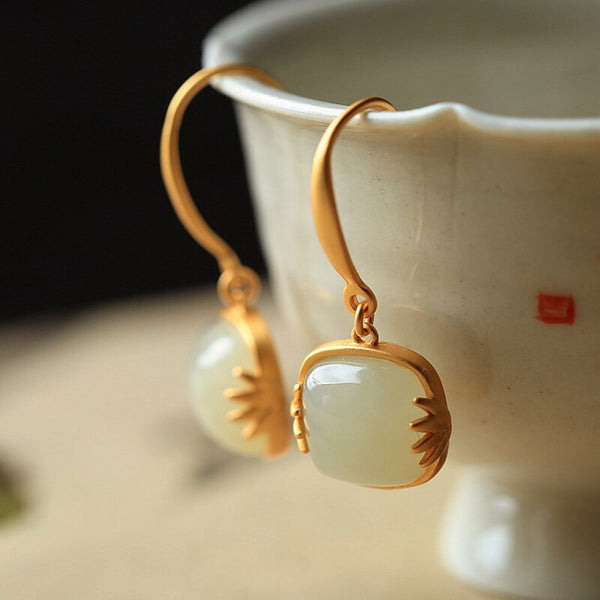 Ancient Gold Craft Natural Hotan Jade bambooo leaf square earrings for women