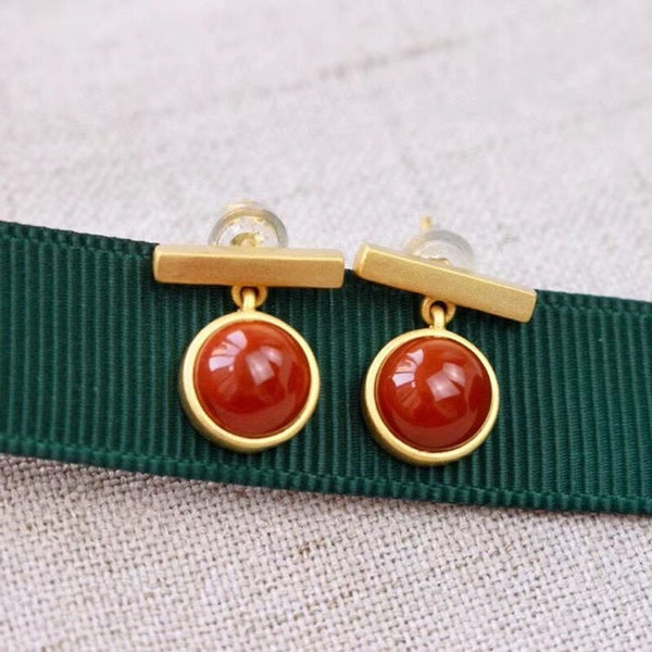 Ancient gold craftsmanship inlaid southern red tourmaline round earrings